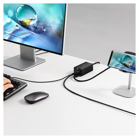 Мережевий зарядний пристрій Baseus GaN5 Pro Desktop, 67 Вт, Quick Charge, чорний, з кабелем USB тип-C до USB тип-C, USB тип A лише для передачі даних, 4 порта, 1,5 м, #CCGP110201 Прев'ю 2